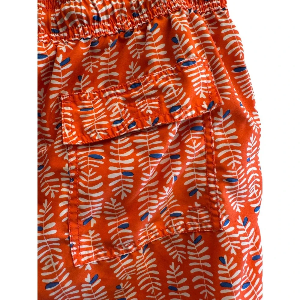 Tom & Teddy Mens Orange Leaf Print Swim Trunks Size Large Elastic Waist Shorts